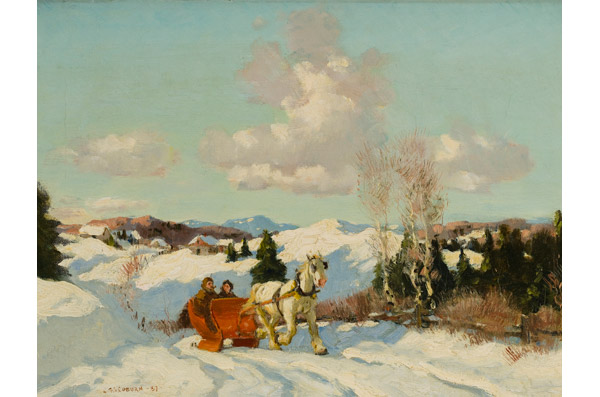 F.S. Coburn. Red cariole with Houses in Background, 1937. Huile sur toile. Coll. MBAS.JPG: The Museum's most prestigious collection is that of artist Frederick Simpson Coburn. Originally from Melbourne, he is recognized as a major 20th century artist in Canada. This corpus, including his studio collection, includes paintings, sketches, illustrations and drawings dating from the 19th and 20th centuries.