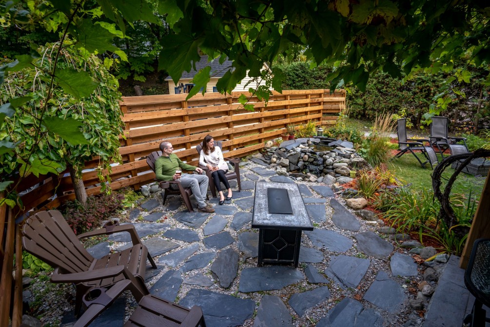 Backyard terrace: Backyard terrace with cascade, garden and propane fireplace