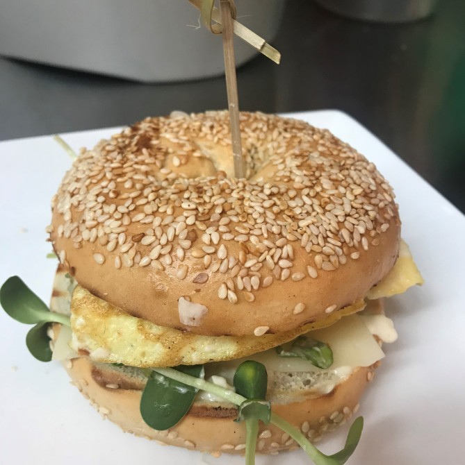 Egg and cheese bagel: Toasted bagel, fresh egg and Zachary Cloutier cheese
