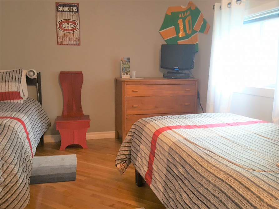 The two brothers room.: Located on the 2nd floor with direct view on the suspended bridge. 
Two single beds, cable tv, air conditionning and comfortable chair. Shared bathroom next door.